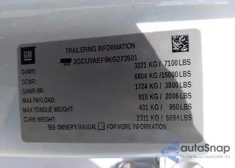 2019 Chevrolet Silverado Work Truck из США, поврежденный, VIN 3GCUYAEF9KG273501